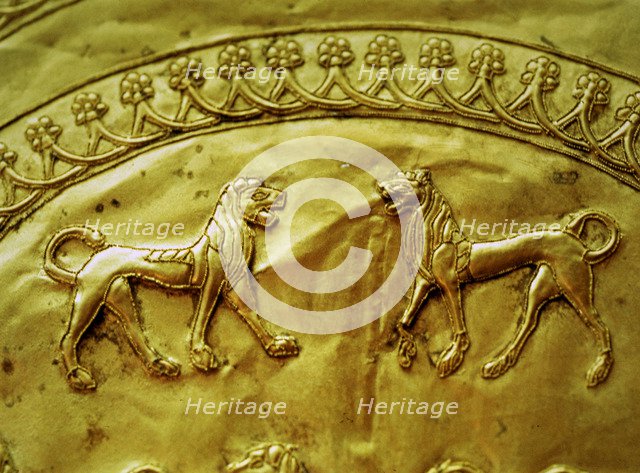 Etruscan gold fibula decorated with five lions, from the Regolini Galassi tomb, detail of the upp…