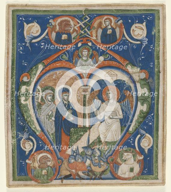 Initial A [ngelus Domini descendit] from an Antiphonary: The Three Marys at the Tomb , c1280-1300. Creator: Unknown.