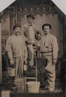 Three Painters, Arranged On and Around a Ladder, with Brushes, Bucket, and Paint Can, 1870s-80s. Creator: Unknown.
