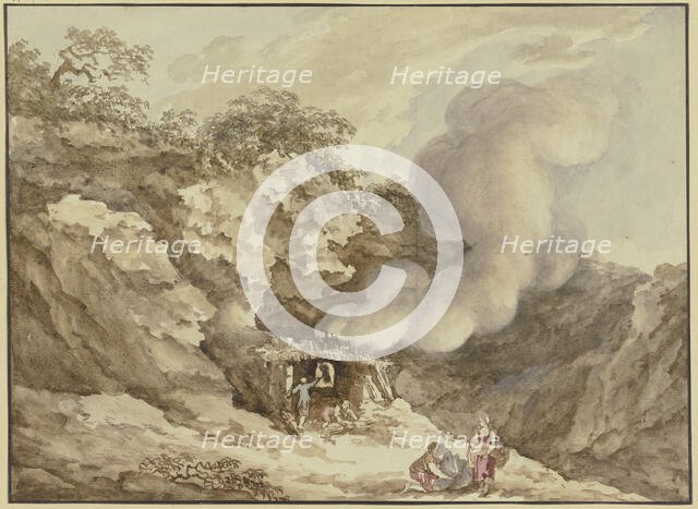 Mountain landscape, a kiln in the centre from which a plume of smoke rises, late 18th century. Creator: Karl Kuntz.