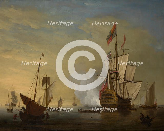Harbor Scene: An English Ship with Sails Loosened Firing a Gun. Creator: Peter Monamy.