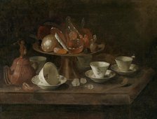 Still life with chocolate cups and a tazza with sweets, Mid of 17th cen. Creator: Roestraten, Pieter Gerritsz van (1630-1700).