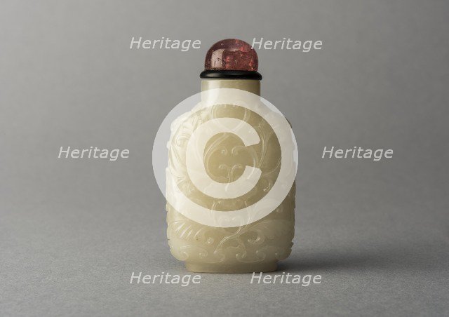 ade snuff bottle with carving of foliage, China, Qing dynasty, 1644-1911. Creator: Unknown.