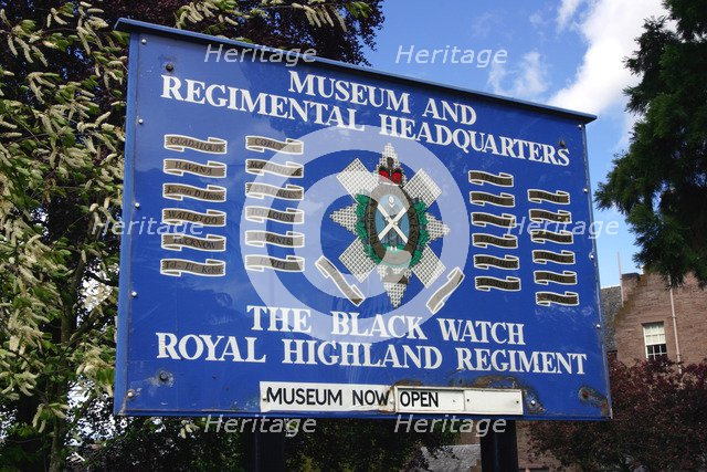 Sign, museum and headquarters of the Royal Highland Regiment, Perth, Scotland.