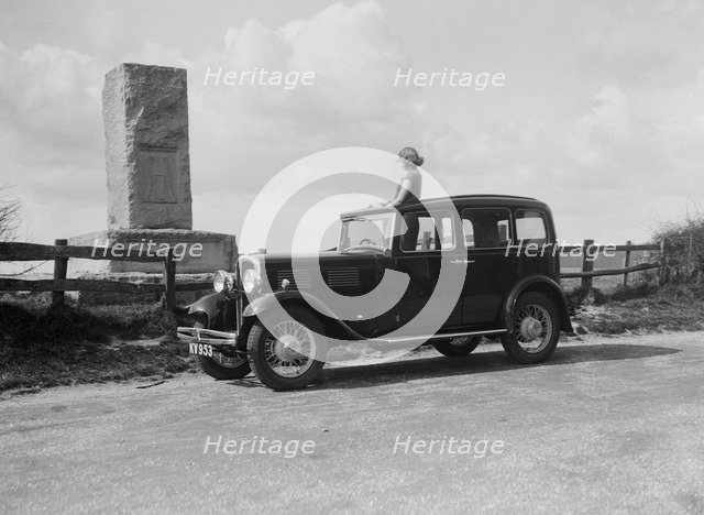 Standard Sixteen saloon beside the Cricket Monument, Hambledon, Hampshire, 1930s Artist: Bill Brunell.