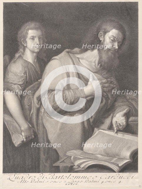 Saint Matthew, standing before a book at right with a hand on his chest, another man be..., 1750-84. Creators: Carlo Faucci, Giuseppe Magni.