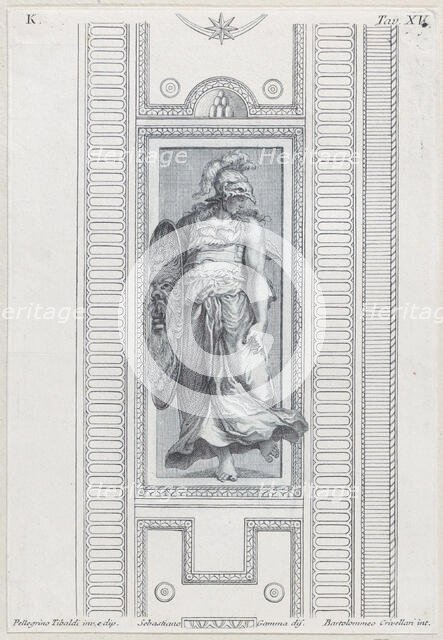 Plate 15: mythological figure wearing a helmet and holding a shield, 1756. Creators: Bartolomeo Crivellari, Sebastiano Gamma.