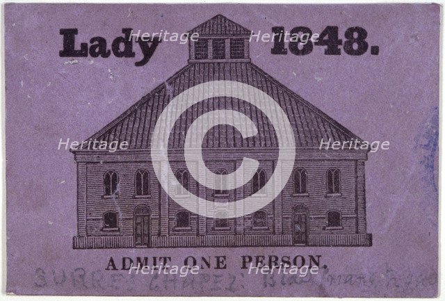 A ticket of admission for a lady to Surrey Chapel, Blackfriars Road, Southwark, London, 1848. Artist: Anon