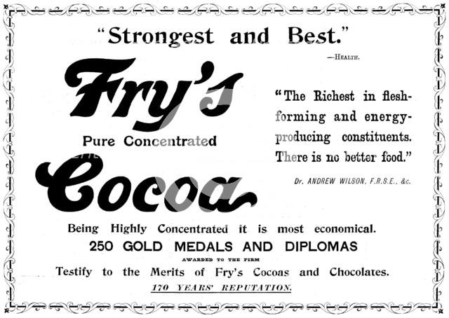 Advertisement for Fry's Pure Concentrated Cocoa, 1898. Creator: Unknown.