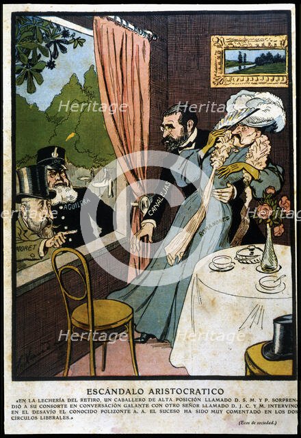Satirical drawing about the political events in Madrid with the characters of Canalejas, Romanones,  Creator: Xauradó, Joaquin (1872- 1933).