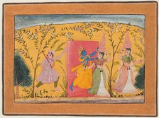 Krishna Exacts a toll from the Milkmaids, from a Bhagavata Purana, c. 1600. Creator: Unknown.
