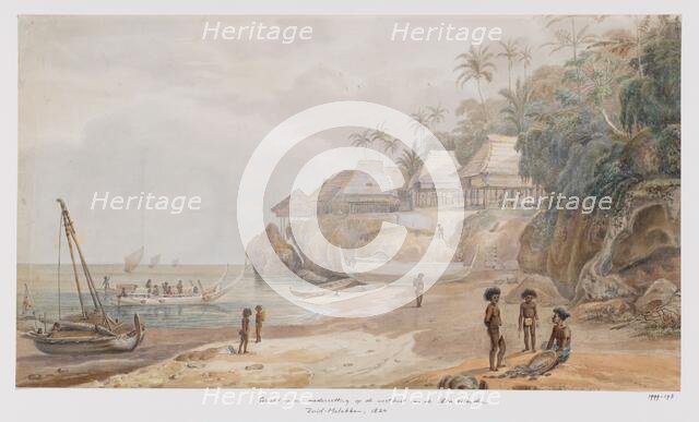 View of a settlement from the east coast of Workai, Aru Islands, Southeast Moluccas, 1824. Creator: Adrianus Johannes Bik.