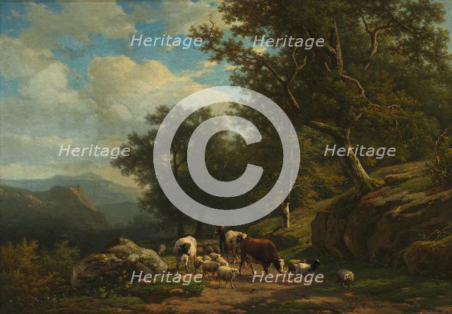 Landscape with a Peasant and His Flock, c. 1850 - 1859. Creator: Alexander Joseph Daiwaille (Dutch, 1818-1888); Eugène Joseph Verboeckhoven (Belgian, 1798-1881), and.