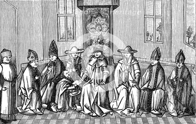 Peter the Hermit presenting Urban II with petition on return from pilgrimage to Holy Land 1094. Artist: Unknown