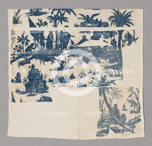 L'Hommage de l'Amérique á la France (America's Tribute to France) (Furnishing Fabric), c. 1790. Creators: Unknown, Jean Baptiste Marie Huet, Christophe-Philippe Oberkampf, Oberkampf Manufactory.