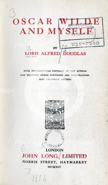 Title page from "Oscar Wilde and Myself", 1914. Creator: Unknown.