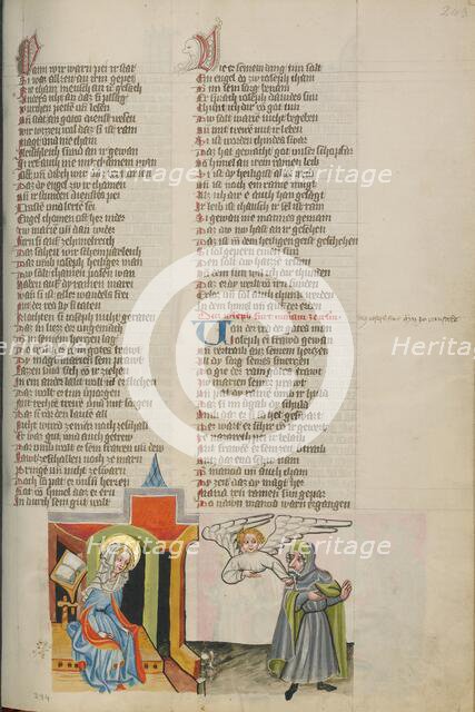 An Angel Confirming Mary's Faithfulness to Joseph; Weltchronik, about 1400-1410. Creator: Unknown.