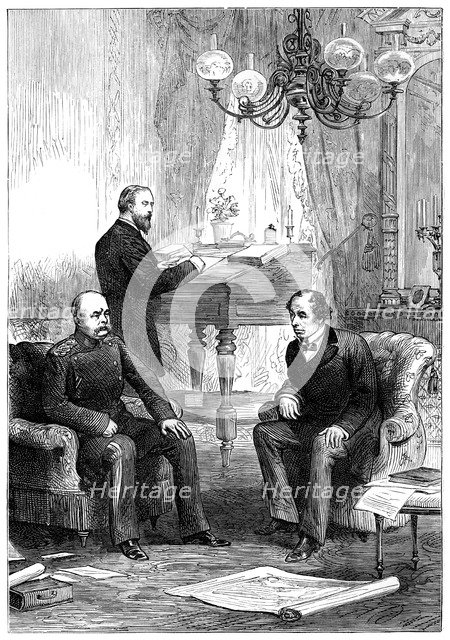 Benjamin Disraeli (1804-1881) meeting with Otto von Bismarck (1815-1898), Berlin, 1878. Artist: Unknown