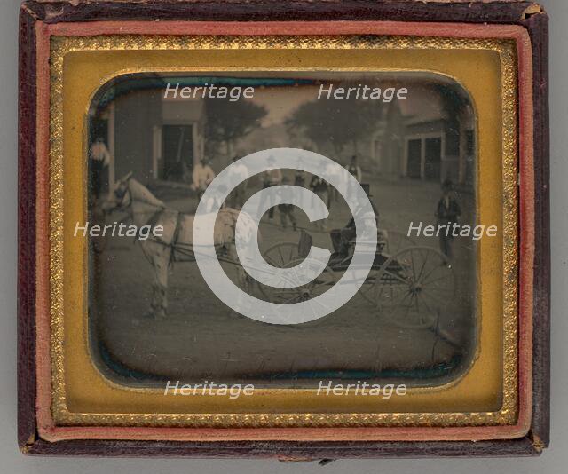 Untitled (Man with Top Hat and Boy atop Horse-Drawn Carriage), 1854. Creator: Unknown.