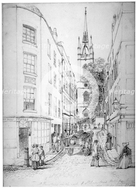 Church of St Dunstan in the East and St Dunstan's Hill from Lower Thames Street, London, 1827.       Artist: Edward William Cooke