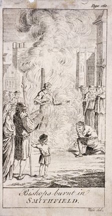 Protestant bishops being burnt at Smithfield, during the reign of Mary I, 16th century, (c1760). Artist: Anon