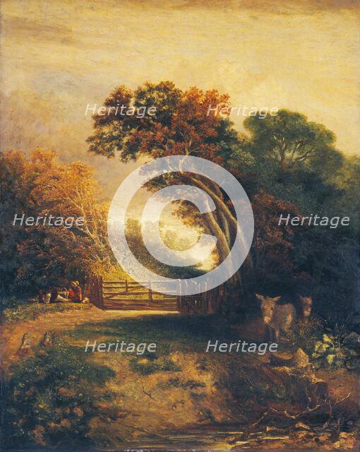 Landscape with Picnickers and Donkeys by a Gate, c. 1830-1880. Creator: Joseph Paul.