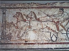 Fresco from a Lucan tomb in Paestum depicting a man in a carriage drawn by two horses.