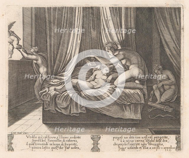 Plate 13: Psyche looking at Cupid, from the Story of Cupid and Psyche as told by Apulei..., 1530-60. Creator: Agostino Veneziano.