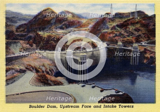 Boulder Dam, upstream face and intake towers, Arizona/Nevade, USA, 1941. Artist: Unknown