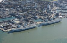 The Royal Navy's two largest aircraft carriers in dock, Portsmouth, Hampshire, 2020. Creator: Damian Grady.