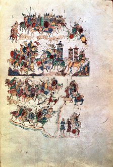 Warriors in a battle, Miniature in the 'Bible of Ripoll', manuscript copied and illustrated in th…
