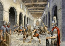 Roman infantry practising combat, c3rd century, (c1990-2010). Artist: Philip Corke.