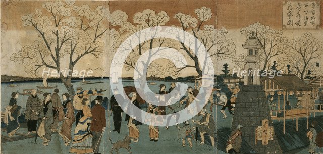 Cherry blossoms in full bloom along Sumida River. (Bokusui tsutsumi hanazakari no zu). Artist: Hiroshige, Utagawa (1797-1858)