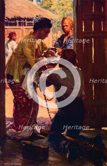 'Mrs. Judson Takes Her Child To Her Chained Husband', c1912. Artist: Unknown.