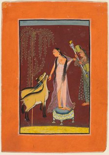A Lady with Attendant and a Pair of Deer, probably Gujari Ragini of Dipak, from a Pahari Ragamala, 1 Creator: Unknown.