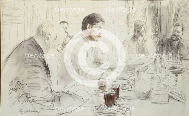 The author Maxim Gorky reads his poem Children of the sun, 1905. Artist: Repin, Ilya Yefimovich (1844-1930)