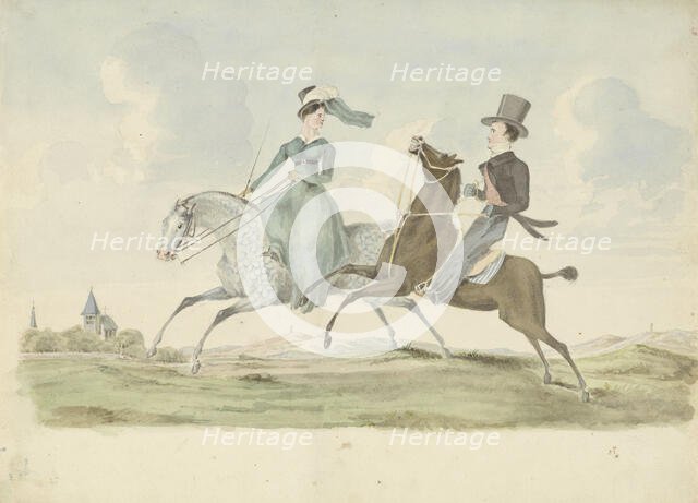 Man and woman on horseback in a landscape, 1811-1873. Creator: Pieter van Loon.