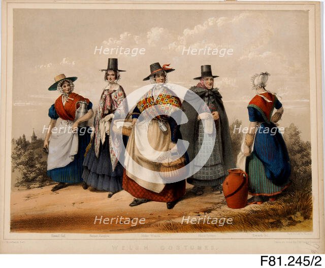 Welsh Costumes (Errand girl; Farmer's Daughter, Market Woman, Winter & Llanarth Girl), c1848. Creator: John Cambrian Rowland.