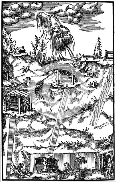Sectional view of a German mine, 1556. Artist: Unknown