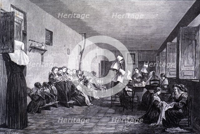 La Paz College in Madrid, classroom and work room of the girls, engraving from 1856.