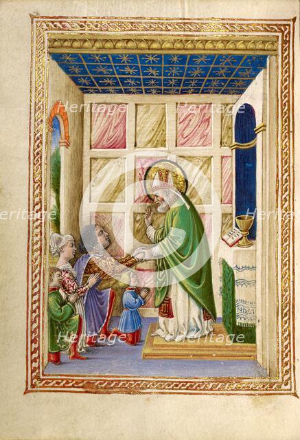 Saint Bellinus Celebrating Mass; Gualenghi-d'Este Hours, about 1469. Creator: Taddeo Crivelli.