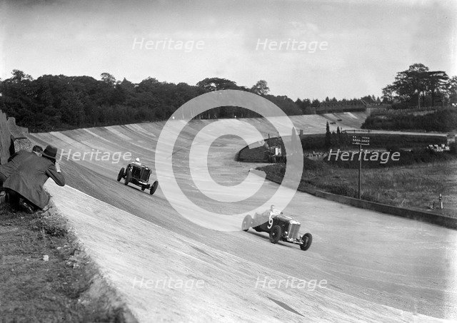 Lagonda leading GA Wooding's Talbot 95 Special, Brooklands, 15 October 1938. Artist: Bill Brunell.