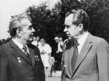 Soviet leader Leonid Brezhnev and US President Richard Nixon, Moscow Airport, 1972. Artist: Unknown