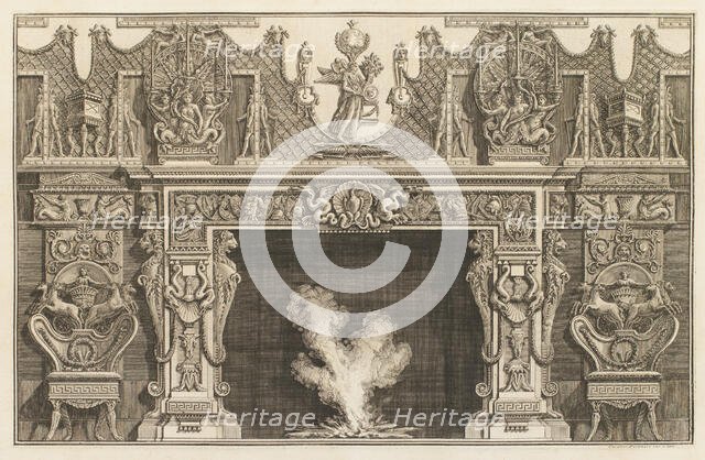 Design for a chimneypiece with detailed moulded surround with figures, lattice-work, horses..., 1769 Creator: Giovanni Battista Piranesi.