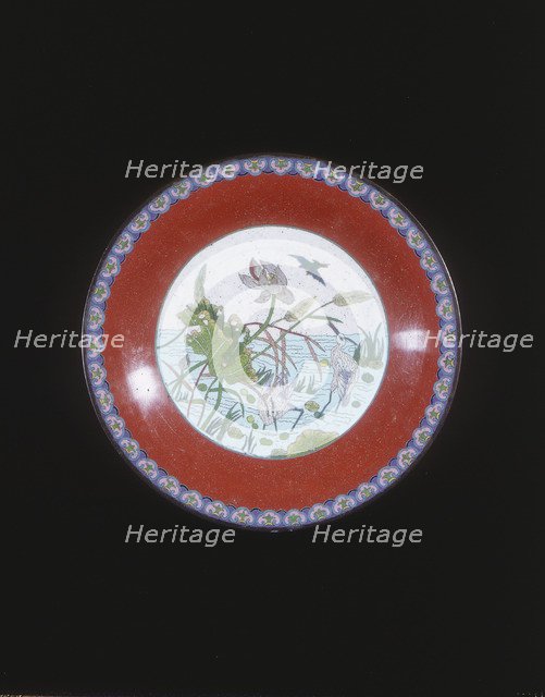 Cloisonne plate with herons, Qing dynasty, China, 19th century. Artist: Unknown