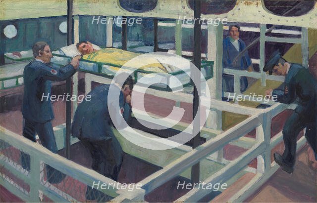 World War I: a hospital ship showing lift for transferring wounded sailors from deck to deck, c1918. Creator: Jan Gordon.