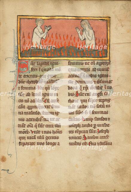 Fire Stones with a Naked Man and Woman; De Natura Avium; De Pastoribus et Ovibus, 1277 or after. Creator: Unknown.