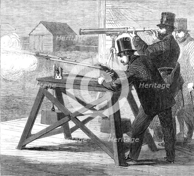 Official trial of small-bore rifles on Plumstead Marshes: the rifle-rest, 1862. Creator: Unknown.