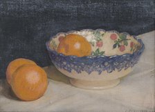 Still life with patterned bowl and oranges, probably 1920s/30s. Creator: George Clausen.