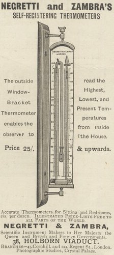 Negretti & Zambra Self Registering Thermometers, 1893. Artist: Unknown